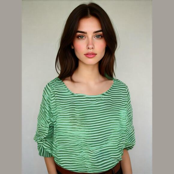 CALVIN KLEIN Green White Stripe Long Sleeves Button Tabs Blouse S - Picture 1 of 10